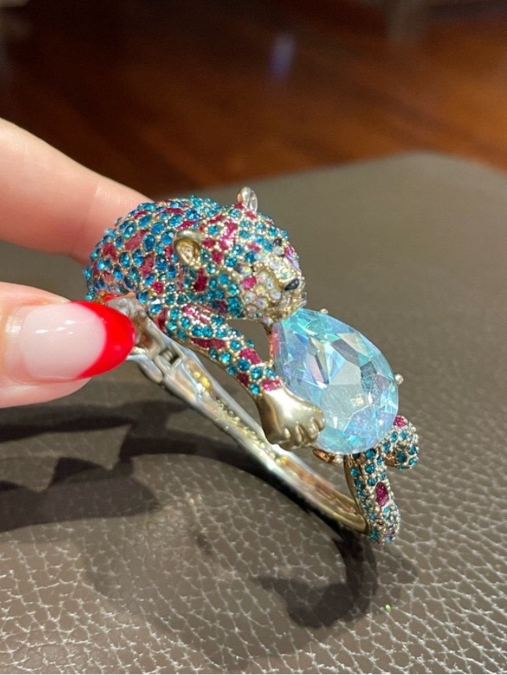 RARE Betsy Johnson Crystal Leopard Statement Bracelet - Blue, Pink & Gold